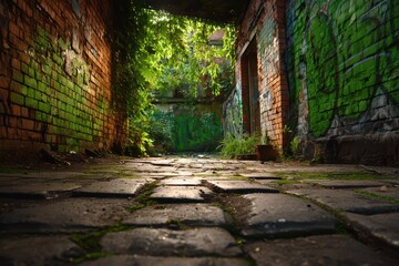 Street Ally Graffiti: Abandoned Brick Background with Derelict Grunge Art