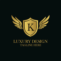 Refined luxury logo design featuring golden shield with letter k and wings on