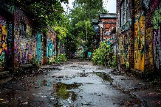 Street Ally Graffiti. Derelict Brick Wall with Green Grunge Background