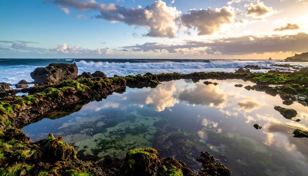 Scenic coastal landscape with a tidal pool reflecting the sky. Turbulent waves crash against dark rocks, and clouds bask in sunlight - Powered by Adobe