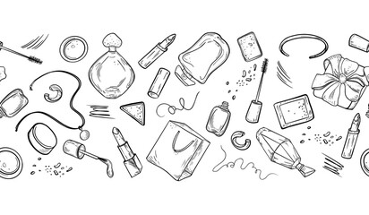 Seamless vector border of perfume flacons, makeup items and scribbles. Hand drawn black white design for fashion magazines, gift wrap and beauty blog graphics. Monochrome girls items repeat pattern.