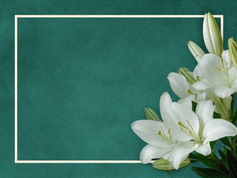 Sympathy Frame. Lily Flower Border Invitation Template with White Lily on Jade Green Textured Background