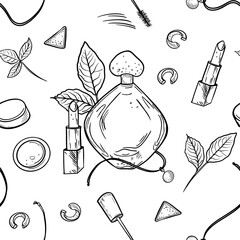 Feminine perfume Seamless Pattern Black White Vector. Repeat drawing with beauty accessories, lipsticks and jewelry in line art sketch. Monochrome pattern for cosmetic branding and womens products.