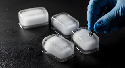 Hand in glove using tweezers on ice cubes on dark surface