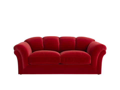 Luxurious red velvet sofa or couch, isolated on transparent background