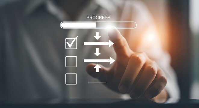 Finger touching progress bar and checklist on a digital screen