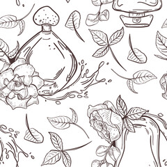 Perfume and Floral vector black white seamless pattern isolated. Outline drawing repeat background with perfume bottles, rose flowers and water splash. Line art pattern for Women's Day, Mother's Day.