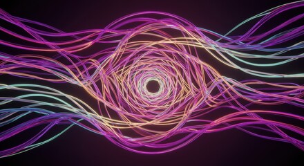Entangled neon light streams create a vibrant flowing tunnel effect against a dark background