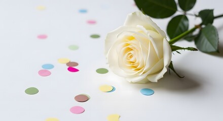 White Rose and Colorful Confetti on White Background