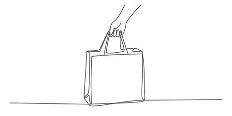 Continuous line art of a hand holding a blank reusable shopping tote bag, representing sustainable commerce, eco-friendly consumerism, and responsible purchasing habits.
