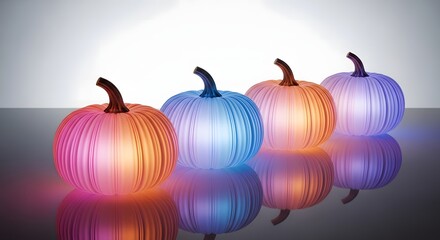 Four illuminated pumpkins in pastel colors on reflective surface
