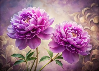 Vibrant Purple Peonies Against Vintage Floral Background - Stock Photo