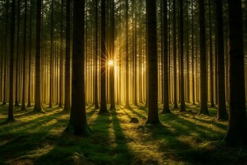 Obraz premium Sunlight streams through a stunning forest, creating a peaceful, magical, and enchanting woodland atmosphere that inspires awe and wonder