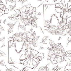 Flowers bunch in Shopping bag vector black white Seamless Pattern. Rose bouquets and gift boxes hand drawn line art. Women's Day monochrome endless background. Feminine Birthday floral print.
