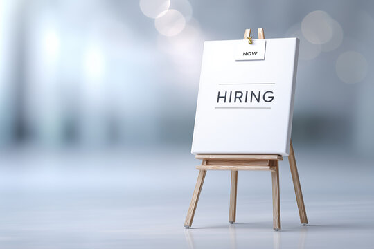 "Hiring Now" Sign on an Easel in a Modern Office with Bokeh Lights - Recruitment and Opportunity Concept - Powered by Adobe