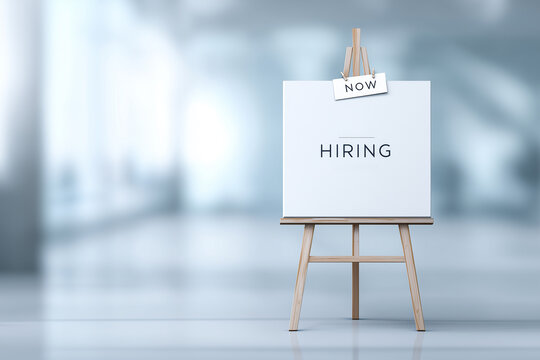 "Hiring Now" Sign on an Easel in a Modern Office with Bokeh Lights - Recruitment and Opportunity Concept