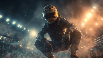 Obraz premium Formula 1 racer crouching on track surrounded by stadium lights and smoke. Concept of determination, inner focus, discipline, leadership, and performance storytelling.