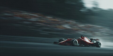 Naklejka premium Red F1 racing car speeding through wet track with blurred crowd in rain. Concept of endurance, technology, race engineering, and automotive innovation under pressure.
