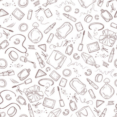 Makeup products black white vector seamless pattern. Hand drawn repeat background with perfumes and beauty items in line art. Monochrome repeat beauty blog background. Womens day seamless design.