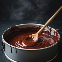 Rich Chocolate Ganache in Baking Pan with Wooden Spoon.