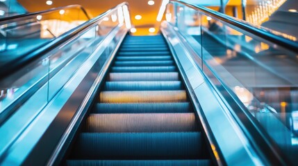Detailed view of escalator handrails and steps in a contemporary shopping mall, emphasizing motion and modern design