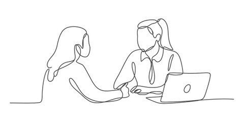 Continuous line drawing of two women collaborating at a desk with a laptop, symbolizing teamwork, discussion, and modern business communication.