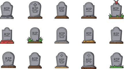 Cartoon gravestone RIP icon set, stylized tombstone variations with cross and grass, cad drawing flat vector illustration, blackwhite