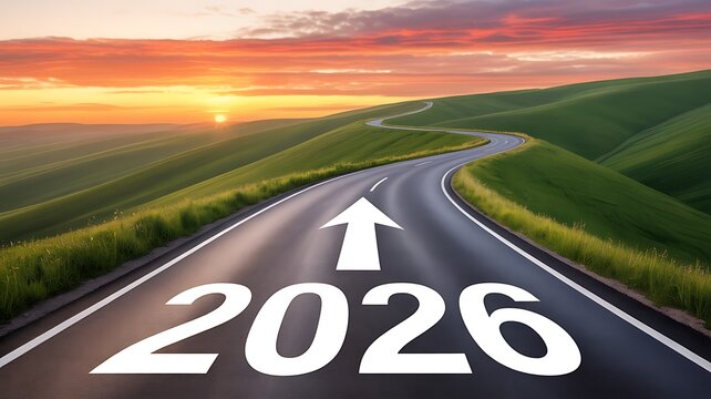 Road leading to 2026 with arrow and sunset sky