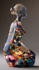 A woman statue of transparent epoxy resin, embedded with beautiful christmas ornaments inside