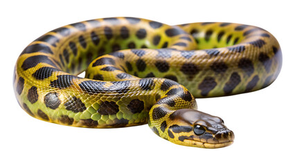 Fototapeta premium A coiled green anaconda snake with distinctive black spots on a transparent background, showcasing its scaly texture and reptilian features