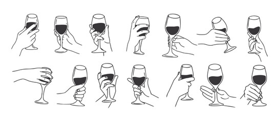 Hands holding glasses. Hand with glass. Hand drawn arms with various drinks in different positions. Handhold cocktail, wine, champagne. Outline celebrating vector set
