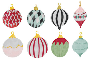 Watercolor set of Circus theme Christmas Baubles in decorative stripes and harlequin pattern. Red, green, cream festive ornament elements. 