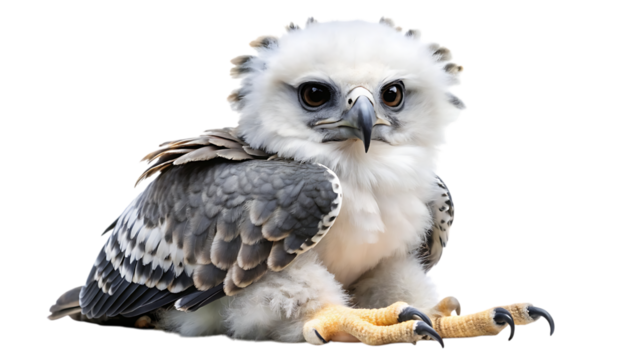 A fluffy baby harpy eagle with striking yellow eyes and sharp talons sits on a transparent background, showcasing its juvenile plumage and majestic potential
