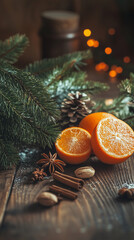 Rustic Christmas: wooden table, nuts, citrus fruits, fir branches, spices.