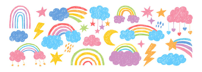 Doodle rainbow. Naive sketch color arc. Hand drawn kids pencil colored rainbow, stars, clouds, rain, hearts, tail. Sketch crayon childish arc shapes. Kid vector set