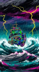 Ship in a Storm - Abstract Digital Art of a Vessel at Sea.