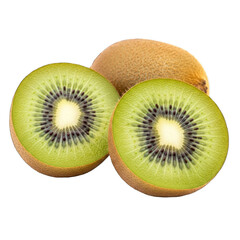 Fototapeta premium Kiwi fruit halves and whole fruit isolated on black food green