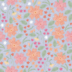 Hand drawn beautiful floral seamless pattern design. Print with flowers and leaves for fabrics, clothes, wrapping paper