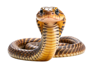 A striking closeup of a cobra snake with its hood flared, displaying intricate scale patterns and piercing eyes, isolated on a clean transparent background, symbolizing danger, power, and the wild