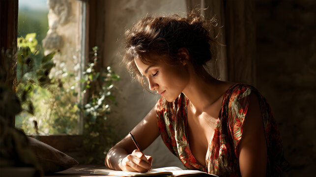 Woman writing journal in sunlight streaming through open window  - Powered by Adobe