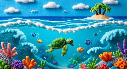 Knitted Tropical Ocean Paradise with Yarn Waves and Crochet Coral Reef