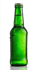 Blue glass bottle with condensation on white background
