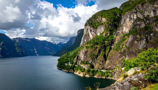 Scenic vista of a fjord framed by towering, verdant cliffs and a vast expanse of tranquil water under a dramatic, cloudy sky - Powered by Adobe