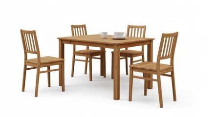 Light brown wooden dining set. Four chairs around a rectangular table