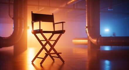 Dramatic studio shot of an empty director's chair, illuminated by contrasting orange and blue stage