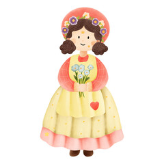 Cute little girl surrounded by flowers, hand-painted in watercolor with a dreamy spring vibe.