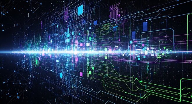 Abstract Technology Circuit Board with Glowing Light Streaks.
