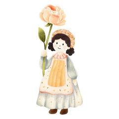 Delicate watercolor artwork of a girl holding flowers, gentle pastel tones and feminine design suitable for spring or floral themes png 
