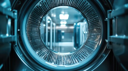 Inside view of a washing machine drum with clean metal walls, looking out toward a laundry room background