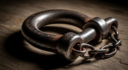Heavy Duty Shackle with Chain on Wooden Surface.